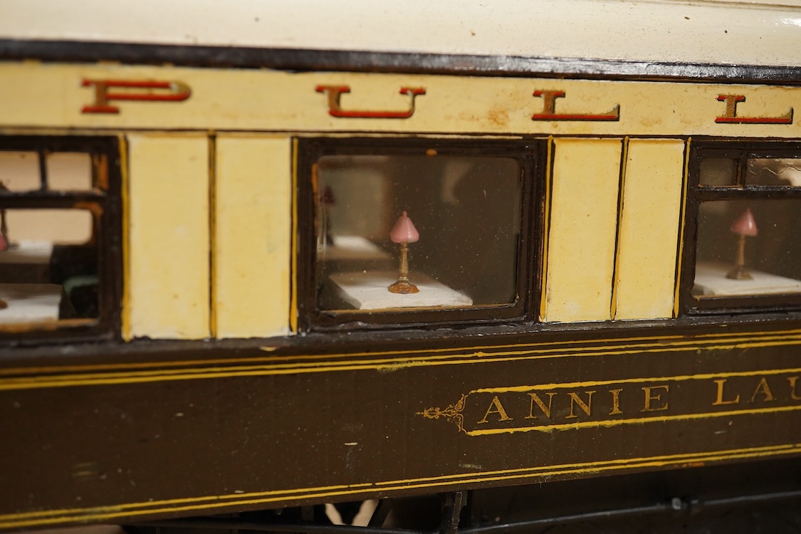 Two Gauge One bogie coaches; a Midland Railway clerestory coach, together with a 12-wheel Pullman car (bogies af), plus an American outline caboose, some scratch building and adaptation from kits, etc.